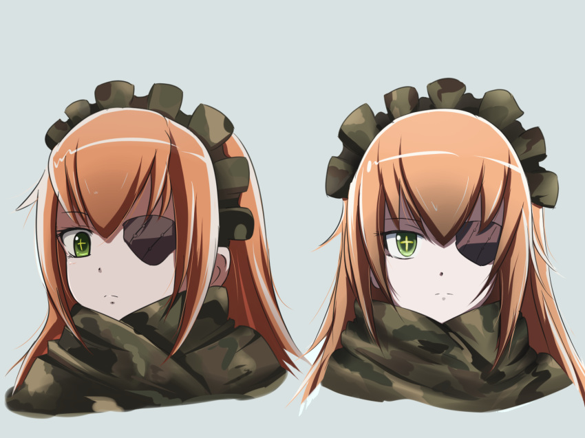 1girl brown_hair camouflage cz2128_delta expressionless eyepatch green_eyes grey_background highres kyer0704 long_hair looking_at_viewer maid_headdress overlord_(maruyama) portrait simple_background solo symbol-shaped_pupils