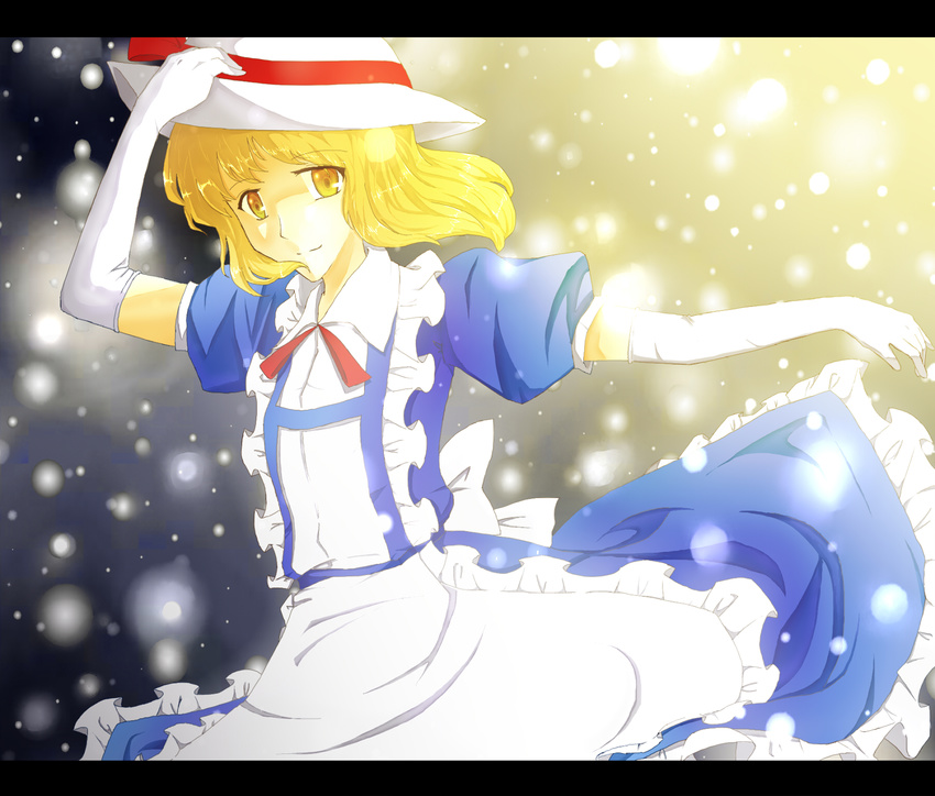 apron bad_id bad_pixiv_id blonde_hair dress elbow_gloves flugel gloves hat highres kana_anaberal ribbon short_hair smile solo sun_hat touhou touhou_(pc-98) yellow_eyes