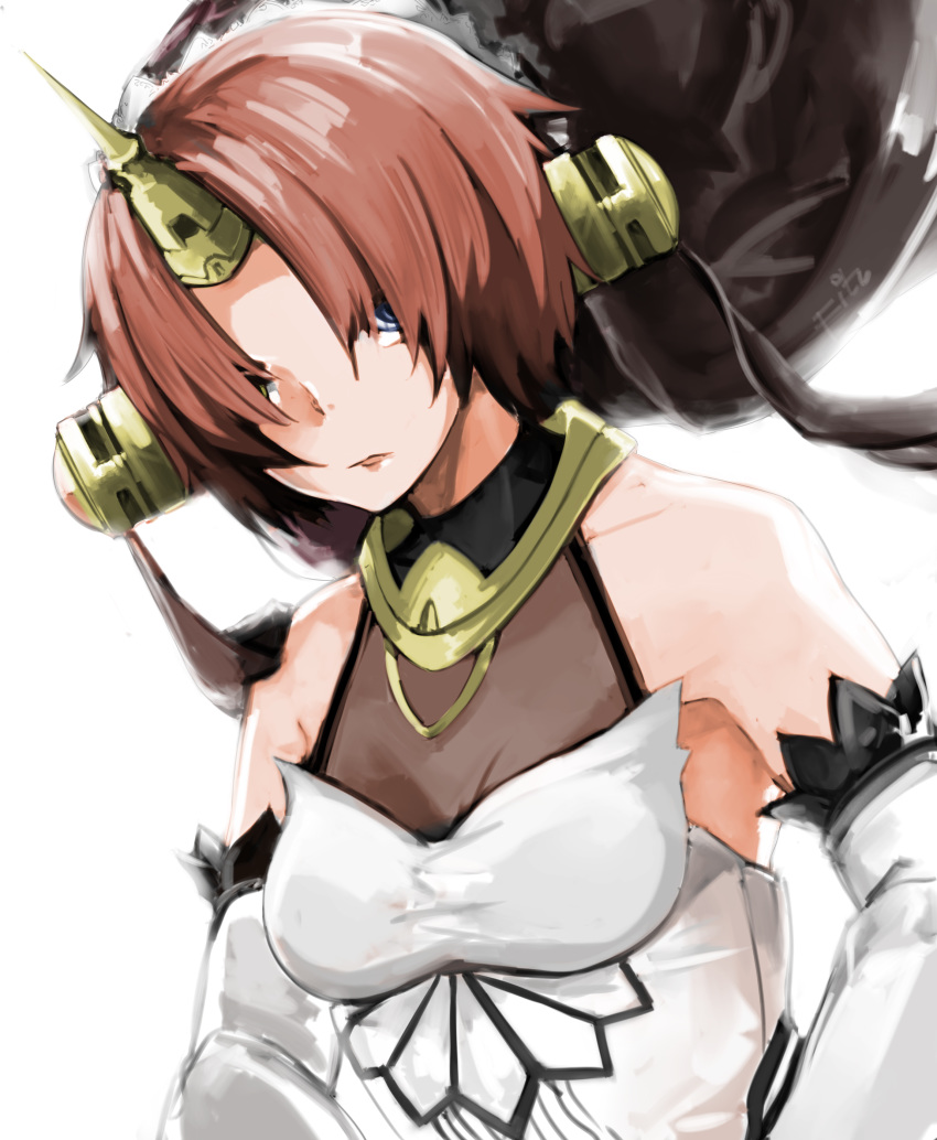 1girl absurdres blue_eyes breasts brown_eyes brown_hair detached_sleeves dress fate/apocrypha fate_(series) fitz_(fita_is_the_smartest) frankenstein's_monster_(fate) frankenstein's_monster_(fate) hair_ornament heterochromia highres horn looking_at_viewer short_hair simple_background sleeveless sleeveless_dress small_breasts solo upper_body white_background white_dress white_sleeves