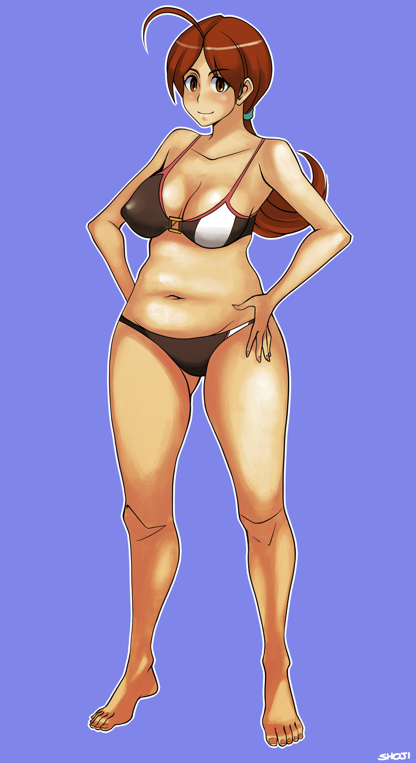 1girl absurdres breasts brown_eyes brown_hair curvy hanako_(pokemon) highres large_breasts milf plump pokemon ponytail shoji