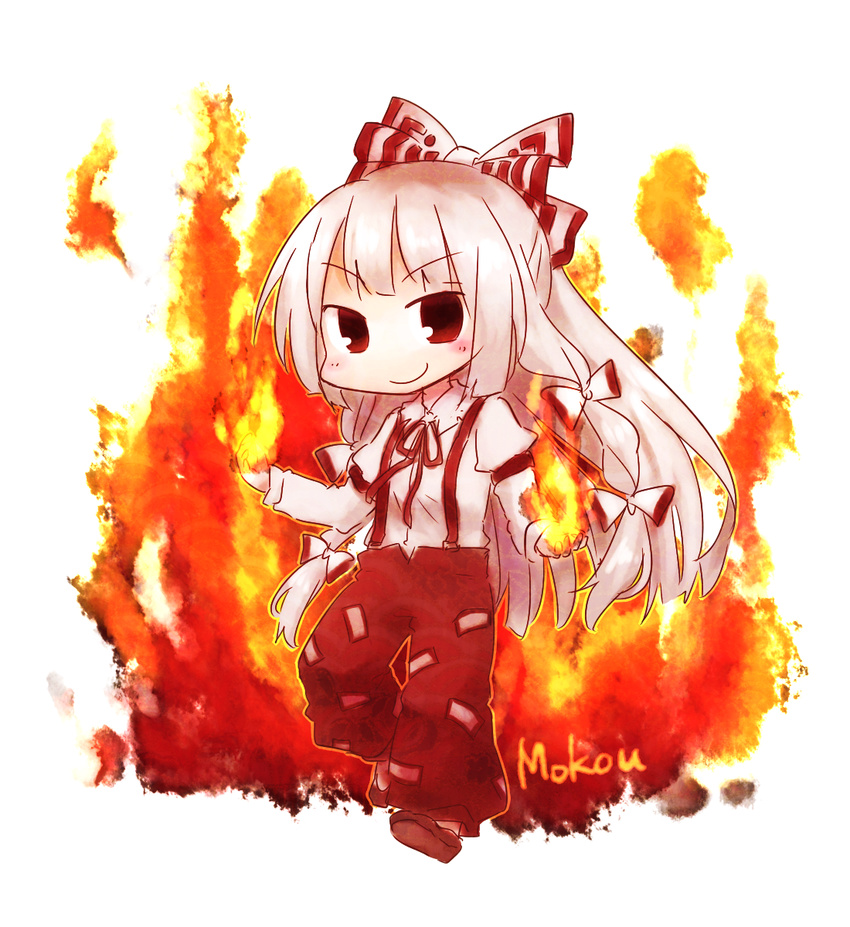 blush character_name fiery_background fire fujiwara_no_mokou hair_ribbon highres long_hair ribbon smile solo suspenders touhou very_long_hair white_hair yamabuki_(yusuraume)