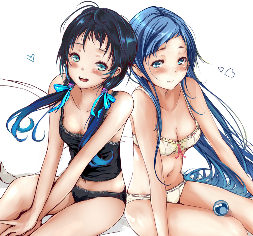 1girl bangs black_panties blue_eyes blue_hair blush bra breasts cleavage commentary_request eyebrows_visible_through_hair eyes_closed gradient_hair grin hair_ornament_removed heart highres kantai_collection leaning_forward long_hair looking_at_viewer low_twintails multicolored_hair navel on_bed open_mouth panties rizzl samidare_(kantai_collection) signature simple_background sitting sitting_on_bed sleepwear small_breasts smile stomach suzukaze_(kantai_collection) swept_bangs thighs twintails underwear underwear_only very_long_hair white_background yellow_bra yellow_panties
