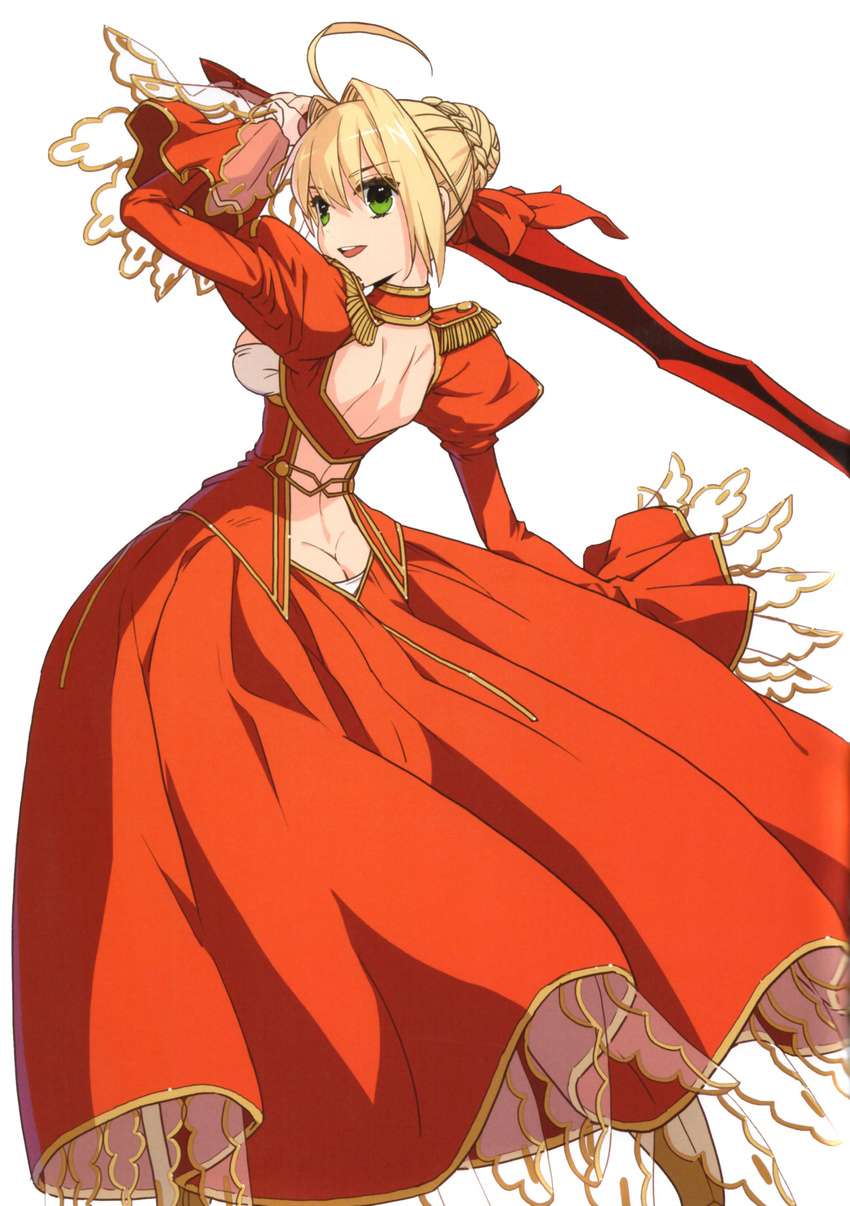 aestus_estus ahoge arm_up ass ass_cutout blonde_hair braid breasts dress epaulettes fate/extra fate_(series) greaves green_eyes hair_intakes hair_ribbon highres holding lace nero_claudius_(fate) nero_claudius_(fate)_(all) panties puffy_sleeves red_dress red_ribbon ribbon short_hair simple_background small_breasts solo sword underwear wada_aruko weapon white_background white_panties