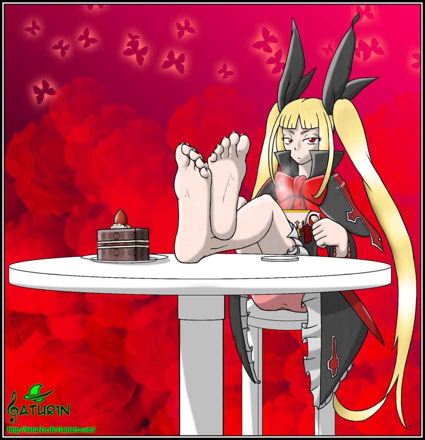 artist_satur1n barefoot blazblue blonde_hair cake dress feet fetish flat_chest foot foot_fetish gothic_lolita loli lolita long_dress long_hair pigtails red_eyes red_hair rin_satsu satsu_rin satur1n soles tea toes twin_drills vampire