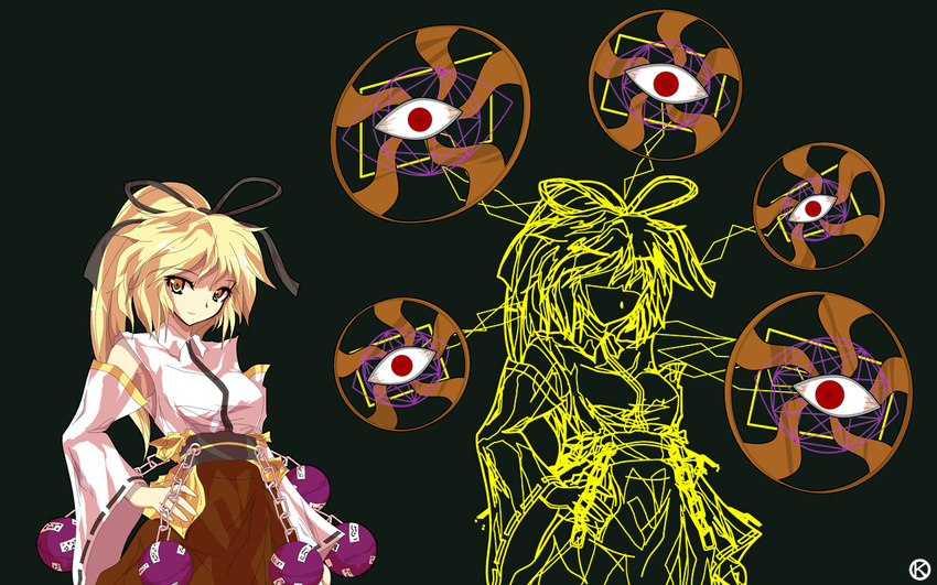 alphes_(style) blonde_hair chain detached_sleeves electricity eyeball eyes hair_ribbon hand_on_hip kaoru_(gensou_yuugen-an) long_hair orange_eyes orb parody ponytail ribbon smile style_parody touhou touhou_(pc-98) yuugenmagan