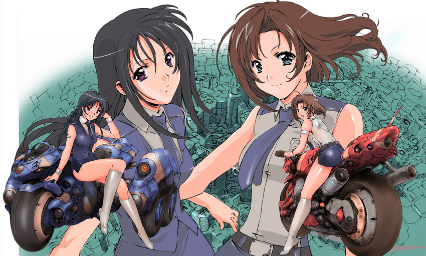 absurdres black_hair boots brown_hair city green_eyes ground_vehicle highres kobayakawa_miyuki long_hair moriguchi_nao_(naonao) motor_vehicle motorcycle multiple_girls police purple_eyes riding science_fiction short_hair skirt tsujimoto_natsumi you're_under_arrest