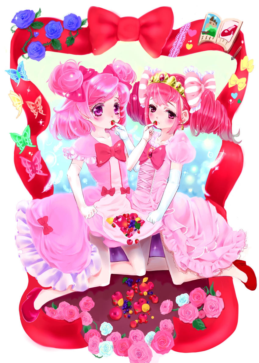 apple bad_id bad_pixiv_id blue_flower blue_rose bow bug butterfly color_connection creator_connection double_bun dress eyelashes feathers feeding flower food fruit hair_bow highres hoshizora_miyuki insect multiple_girls pink pink_bow pink_dress pink_eyes pink_flower pink_hair pink_rose precure ribbon rose shibu short_hair smile_precure! strawberry tiara two_side_up white_flower white_rose yes!_precure_5 yumehara_nozomi