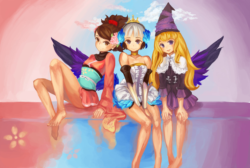 anonymous_drawfag bare_shoulders barefoot blonde_hair blue_eyes brown_hair choker company_connection crossover crown dress grimgrimoire gwendolyn hair_up hat highres japanese_clothes kimono lillet_blan long_hair momohime multiple_crossover multiple_girls non-web_source oboro_muramasa odin_sphere purple_eyes short_hair short_kimono skirt strapless strapless_dress updo white_hair wings witch wizard_hat