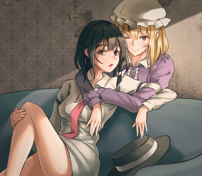 2girls ;) bangs bare_legs black_hair black_hat blonde_hair bow breasts brown_eyes center_frills commentary_request couch dress fedora feet_out_of_frame hair_between_eyes hair_bow hat hat_removed headwear_removed highres indoors joeychen juliet_sleeves knee_up long_sleeves looking_at_viewer maribel_hearn medium_breasts mob_cap multiple_girls necktie no_pants one_eye_closed open_mouth puffy_sleeves purple_dress purple_eyes red_neckwear shadow shirt short_hair sidelocks sitting smile thighs touhou upper_body usami_renko white_bow white_hat white_shirt wing_collar yuri