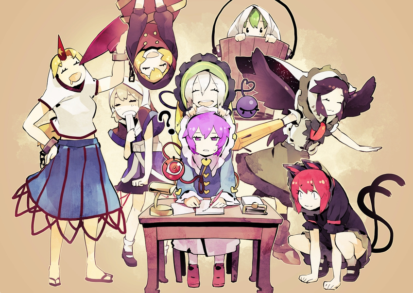 :3 ? animal_ears arm_cannon black_hair blonde_hair bucket cat_ears cat_tail closed_eyes green_hair horn hoshiguma_yuugi in_bucket in_container jamila_pose kaenbyou_rin kisume komeiji_koishi komeiji_satori kurodani_yamame lamp long_hair mizuhashi_parsee multiple_girls multiple_tails outstretched_arms paper pen pink_eyes pink_hair red_hair reiuji_utsuho shihou_(g-o-s) short_hair silver_hair sitting smile subterranean_animism table tail third_eye touhou upside-down weapon wings