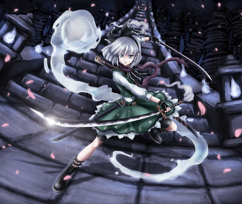 ascot belt bike_shorts black_hairband blue_eyes boots cherry_blossoms dress dual_wielding fighting_stance fingerless_gloves fire flame glint gloves hair_ribbon hairband holding katana konpaku_youmu konpaku_youmu_(ghost) lantern long_sleeves looking_at_viewer parted_lips petals ribbon scabbard scarf sheath short_hair silver_hair skyspace solo stairs strap sword touhou tsurime vest weapon