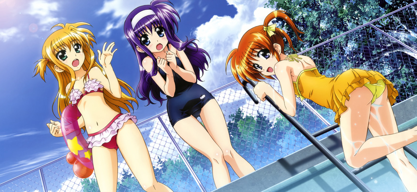 3girls absurdres arisa_bannings highres lyrical_nanoha mahou_shoujo_lyrical_nanoha multiple_girls okuda_yasuhiro swimsuit takamachi_nanoha tsukimura_suzuka