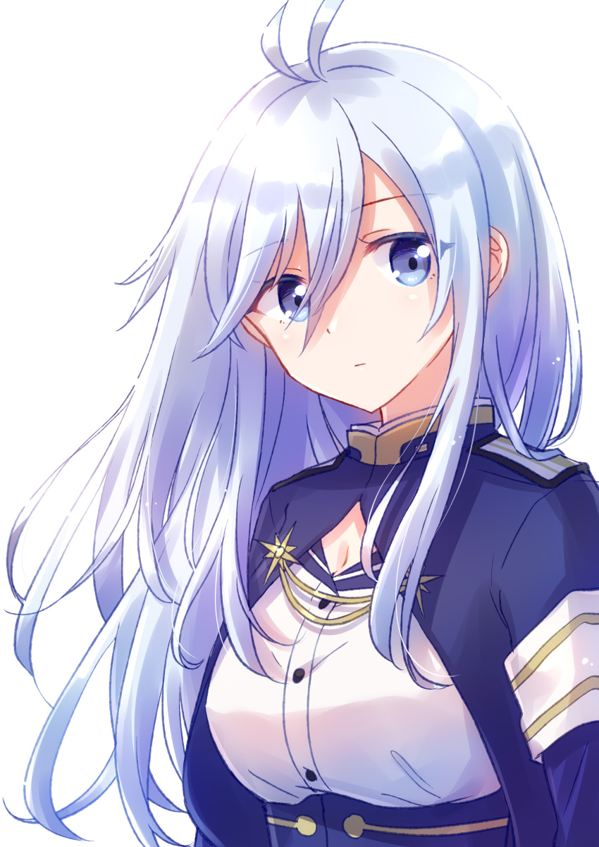 1girl 86_-eightysix- absurdres antenna_hair bag blue_eyes dress_shirt eyebrows_visible_through_hair floating_hair hair_between_eyes highres long_hair looking_at_viewer military military_uniform nyaa_(nnekoron) shirt silver_hair solo uniform upper_body vladilena_millize white_shirt