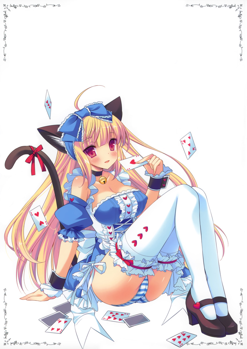 :d absurdres animal_ears bell blonde_hair blush bow breasts cameltoe card cat_ears cat_tail cleavage collar covered_nipples detached_sleeves highres inugahora_an leg_garter maid mary_janes medium_breasts open_mouth original panties playing_card red_eyes ribbon shoes side-tie_panties sitting smile solo string_panties striped striped_panties tail thighhighs underwear white_legwear wrist_cuffs