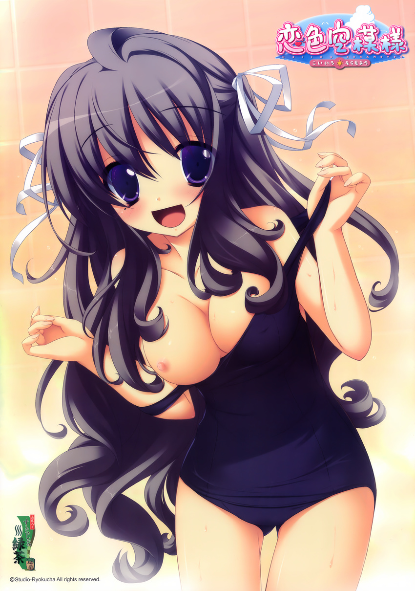 :d absurdres black_hair blue_eyes breasts gotou_nao highres koiiro_soramoyou long_hair medium_breasts mole nipples one-piece_swimsuit open_mouth ribbon school_swimsuit smile solo strap_pull swimsuit swimsuit_pull utsumi_shizuna