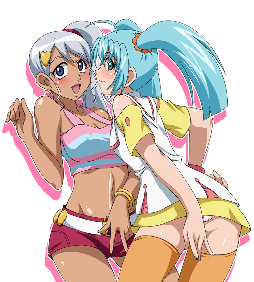 2girls ahoge ass bakugan bare_shoulders blue_eyes blue_hair blush bracelet breasts crop_top dark_skin dress earrings female fingernails green_eyes highres jewelry julie_hayward long_hair looking_at_viewer lowtech-city makino_tomoyasu midriff misaki_runo multiple_girls navel open_eyes open_mouth orange_legwear outline panties pantyshot pink_panties pose profile short_shorts shorts side_ponytail simple_background smile standing thighhighs twintails underwear v white_background white_hair wristband zettai_ryouiki