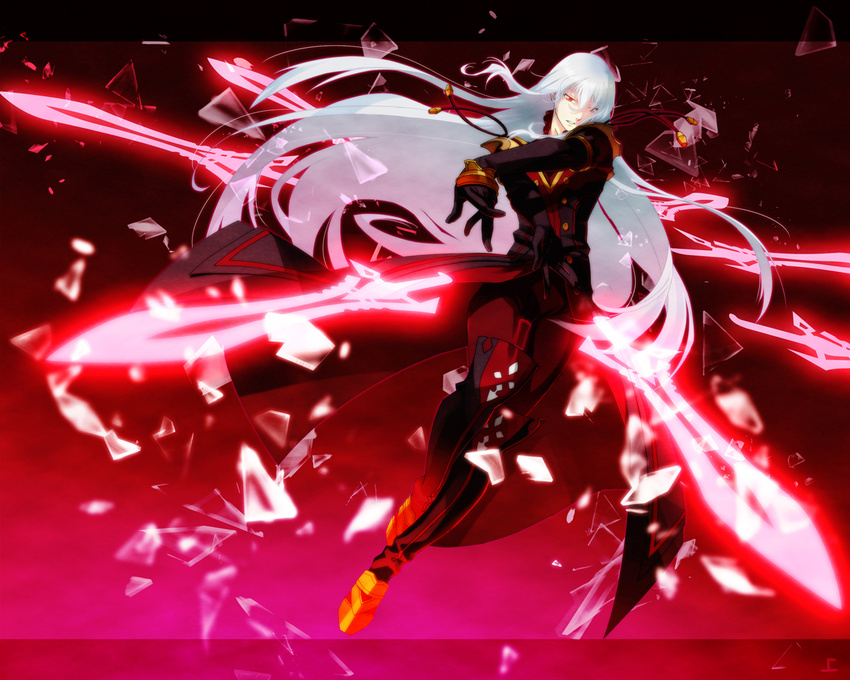 albino boots duke_pantarei gloves glowing kagio_(muinyakurumi) long_hair male_focus red red_background red_eyes silver_hair solo sword tales_of_(series) tales_of_vesperia weapon