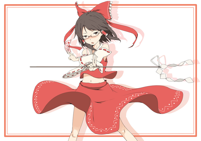 :o bare_shoulders bespectacled border bow brown_eyes brown_hair detached_sleeves glasses hair_bow hair_tubes hakurei_reimu highres holding kawashina_(momen_silicon) navel solo touhou x_arms