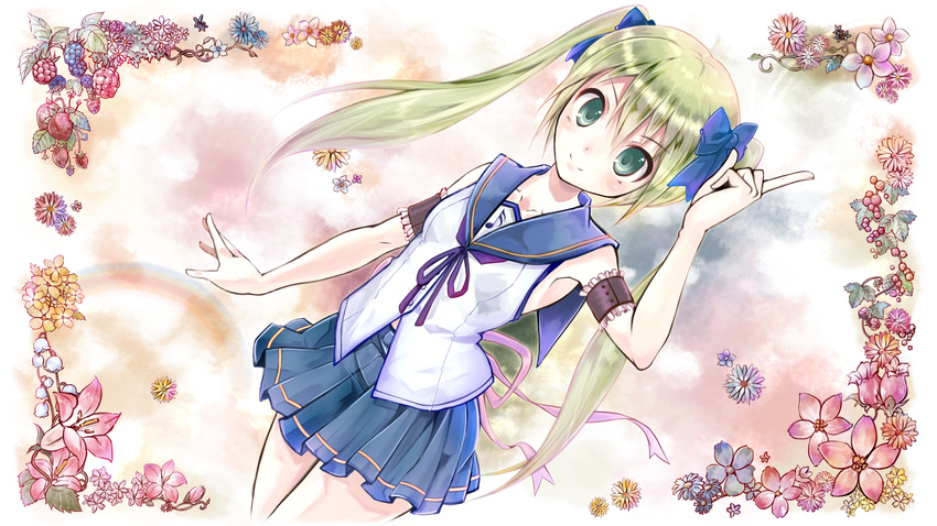 arm_garter flower food fruit green_eyes green_hair hatsune_miku highres long_hair musical_note nanabuluku pointing raspberry school_uniform serafuku skirt smile solo strawberry twintails vocaloid