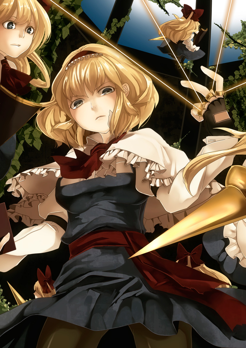 alice_margatroid black_legwear blonde_hair capelet dress hairband highres lance long_hair memai pantyhose polearm shanghai_doll short_hair solo string touhou weapon