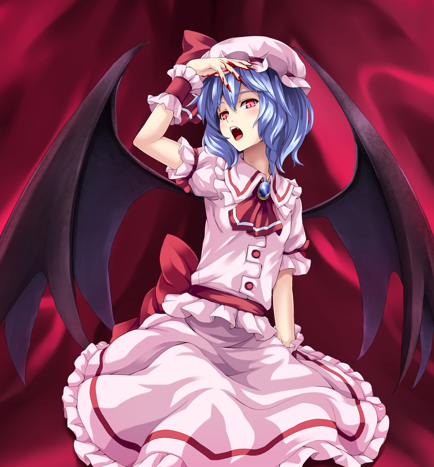 asu_hare bad_id bad_pixiv_id bat_wings blood hand_over_face hat highres open_mouth purple_hair red_eyes remilia_scarlet short_hair skirt skirt_set slit_pupils solo touhou wings wrist_cuffs