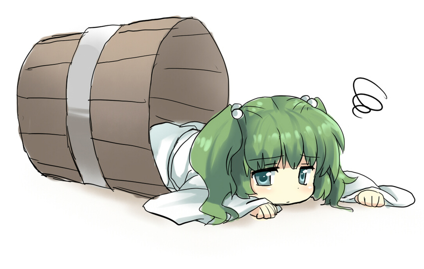 asyura7 bucket dress green_eyes green_hair hair_bobbles hair_ornament in_bucket in_container japanese_clothes kimono kisume lying on_stomach solo touhou twintails white_dress wooden_bucket yukata