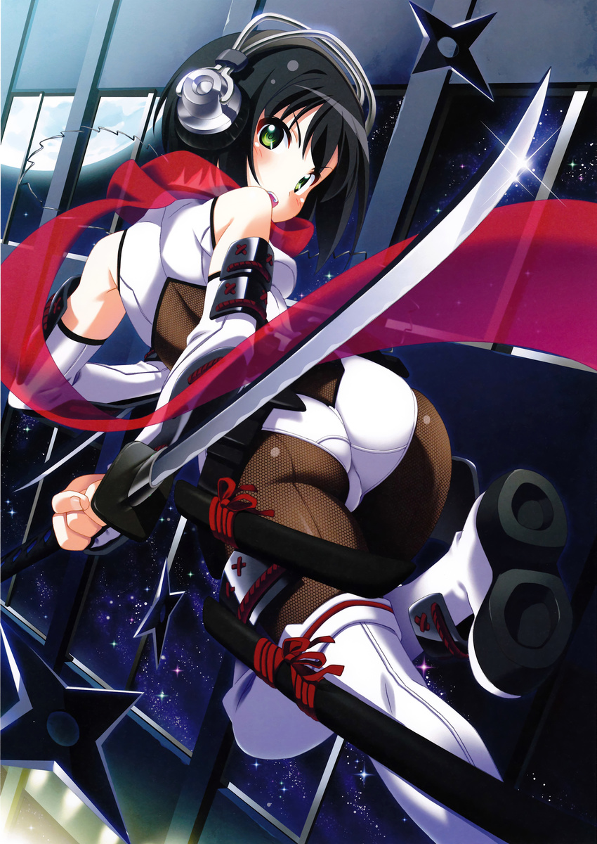 absurdres ass bare_shoulders black_hair boots breasts dutch_angle elbow_gloves fingerless_gloves fishnet_pantyhose fishnets glint gloves green_eyes headphones highres katana kuuchuu_yousai looking_back ninja open_mouth original pantyhose red_scarf reverse_grip scan scarf short_hair shuriken small_breasts solo space sword thigh_boots thighhighs weapon white_gloves white_legwear zero_gravity