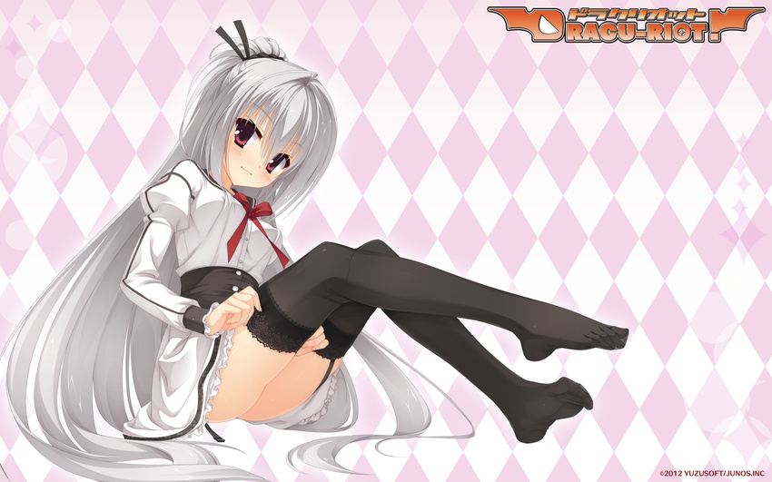 argyle argyle_background black_legwear blush copyright_name dracu-riot! dress dressing elena_olegovna_owen feet garter_straps hair_ribbon highres kobuichi lace lace-trimmed_thighhighs long_hair looking_at_viewer no_shoes ponytail purple_eyes ribbon silver_hair sitting smile solo thighhighs toes very_long_hair