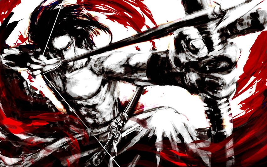 arrow baryan black_hair bow bow_(weapon) drawing_bow holding holding_arrow holding_bow_(weapon) holding_weapon long_hair male_focus muscle original solo sword weapon