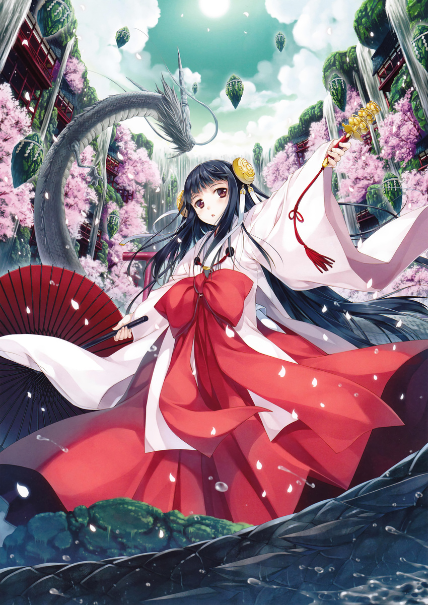 :o absurdres architecture bell black_hair bow brown_eyes cherry_blossoms chihaya_(clothing) dragon east_asian_architecture eastern_dragon floating_rock hakama highres japanese_clothes jingle_bell kagura_suzu keg keystone long_hair miko open_mouth oriental_umbrella original outstretched_arms petals red_hakama scan shide solo spread_arms sun umbrella very_long_hair water water_drop waterfall