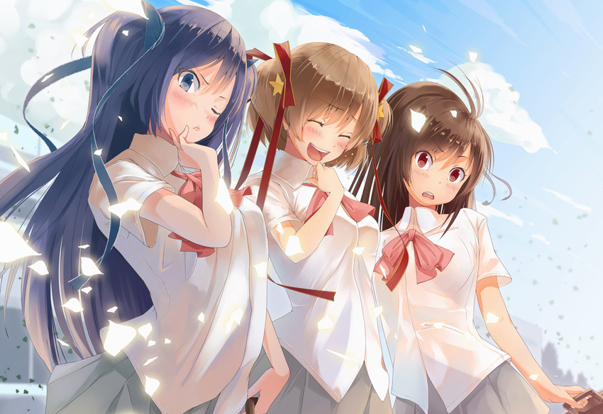 :d ^_^ bad_id bad_pixiv_id blue_hair blush bow brown_hair closed_eyes hair_ribbon hand_on_own_face kamikita_komari little_busters! long_hair multiple_girls natsume_rin one_eye_closed open_mouth pink_bow red_eyes ribbon sasasegawa_sasami school_uniform skirt smile star twintails yae_(mono110)