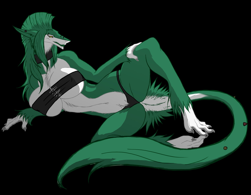 big_breasts black_panties black_sclera breasts choker claws cleavage female green green_hair hair long_hair looking_at_viewer lying midriff mohawk navel on_side panties partially_clothed raistlinalston16 sergal solo thighs thong top underwear yellow_eyes