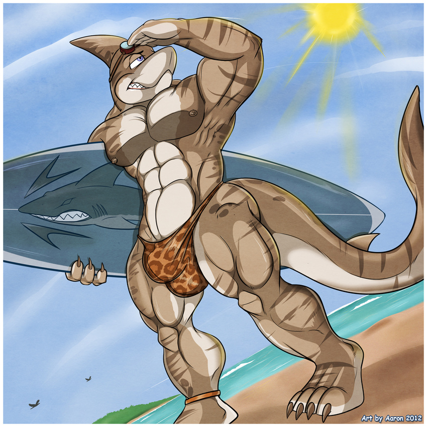 aaron aaron_(artist) abs beach biceps big_muscles blue_eyes bulge fish male marine muscles nipples pecs pepsi_(fa) sand seaside shark solo speedo surfboard surfer swimsuit tiger_shark underwear water