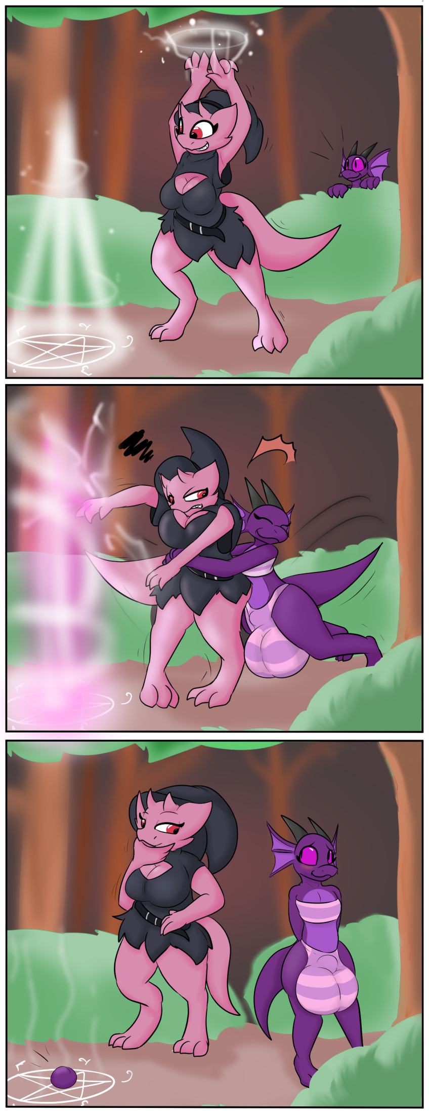 2019 3_toes 4_fingers animal_genitalia anthro balls balls_outline big_balls big_breasts breasts claws clothing comic digital_media_(artwork) dragon duo embarrassed embrace eyelashes female forest frill fully_sheathed girly hug huge_balls kobold lizard loincloth magic magic_user male male/female plum_(fruit) plūm_rhazin red_eyes reptile scalie sheath short_stack starit thick_thighs toe_claws toes tree wide_hips wraps