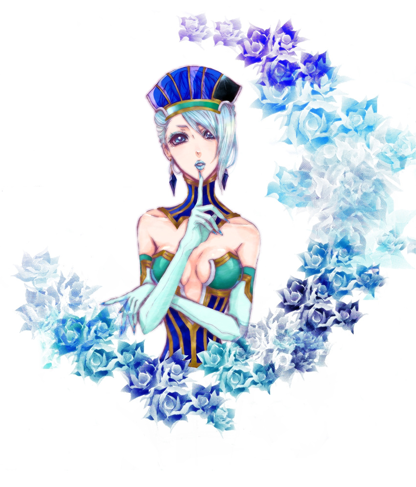 asymmetrical_bangs bad_id bad_pixiv_id bangs bare_shoulders blue_eyes blue_flower blue_hair blue_rose blue_rose_(tiger_&amp;_bunny) breasts cleavage crystal_earrings earrings elbow_gloves eyelashes finger_to_mouth fingernails flower gloves highres jewelry k_+_n karina_lyle lips lipstick makeup medium_breasts rose short_hair solo superhero tiger_&amp;_bunny