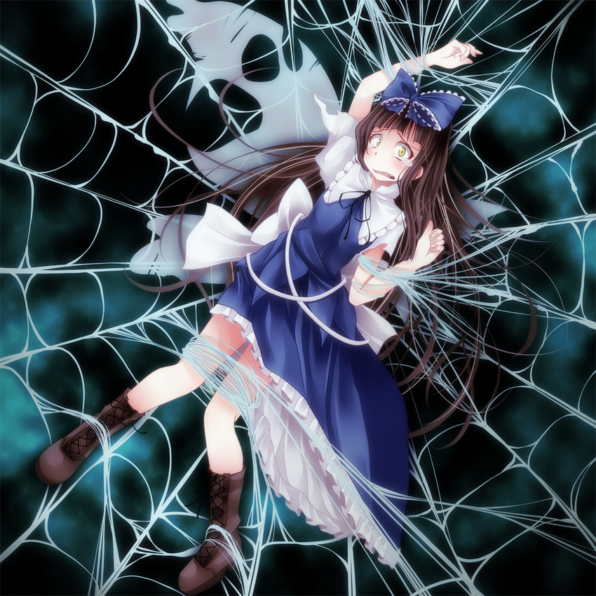 bad_id bad_pixiv_id bdsm bondage boots bound bow brown_hair cross-laced_footwear hair_bow highres lace-up_boots long_hair s-syogo silk solo spider_web star_sapphire tears tied_up torn_wings touhou wings yellow_eyes