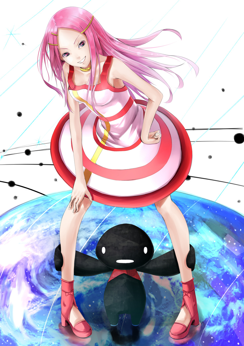 absurdres anemone_(eureka_seven) bad_id bad_pixiv_id dress earth eureka_seven eureka_seven_(series) grin hair_ornament hairclip hand_on_hip highres legs long_hair long_legs pigeon-toed pink_eyes pink_hair reio_reio smile solo theend