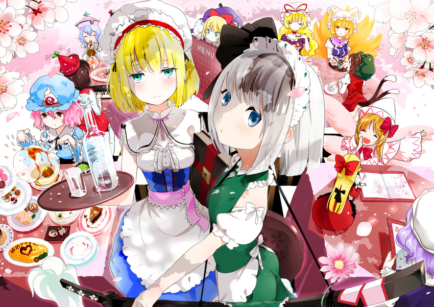 adapted_costume alice_margatroid alternate_costume animal_ears bad_id bad_pixiv_id black_tea blonde_hair blue_eyes blush bottle brown_hair cat_ears cat_tail chen cherry_blossoms corset cup cupcake dango eating everyone flower food fork fox_tail from_above ghost glass green_eyes hat heart hitodama hourai_doll instrument katana keyboard_(instrument) knife konpaku_youmu konpaku_youmu_(ghost) letty_whiterock lily_white long_hair lunasa_prismriver lyrica_prismriver macaron maid maid_headdress merlin_prismriver multiple_girls omelet perfect_cherry_blossom petals pie pink_hair plate red_eyes saigyouji_yuyuko sakura_mochi sanshoku_dango scabbard shanghai_doll sheath sheathed short_hair silver_hair sitting skewer slice_of_pie sword table tablecloth tail tea teacup tiered_tray touhou tray trumpet very_long_hair wafer_stick wagashi waitress weapon wings yakumo_ran yakumo_yukari yamada_ranga