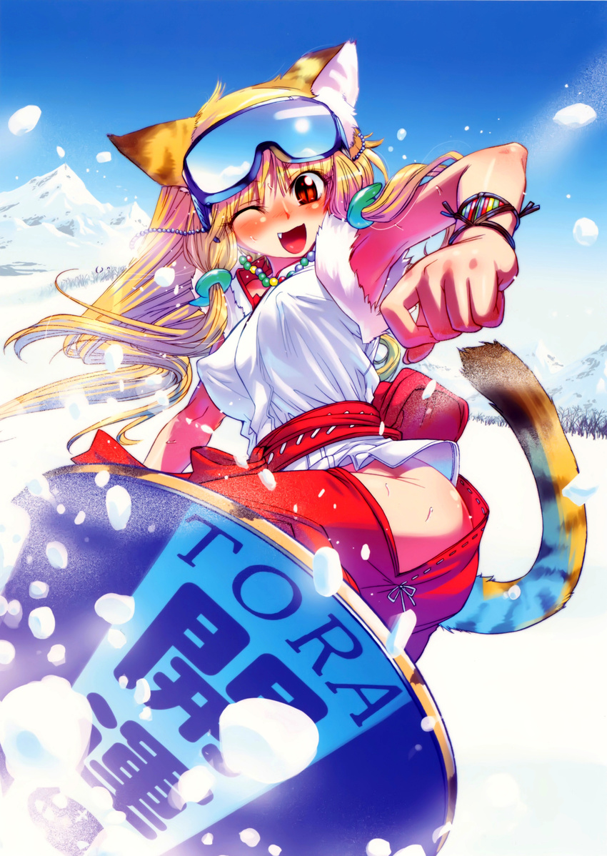 :3 ;3 absurdres animal_ears armpits bare_shoulders blonde_hair blue_sky blush breasts covered_nipples day fang hakama highres hip_vent japanese_clothes jewelry koume_keito large_breasts long_hair magatama miko necklace one_eye_closed original red_eyes red_hakama sky smile snow snowboard solo tail tiger_ears tiger_tail
