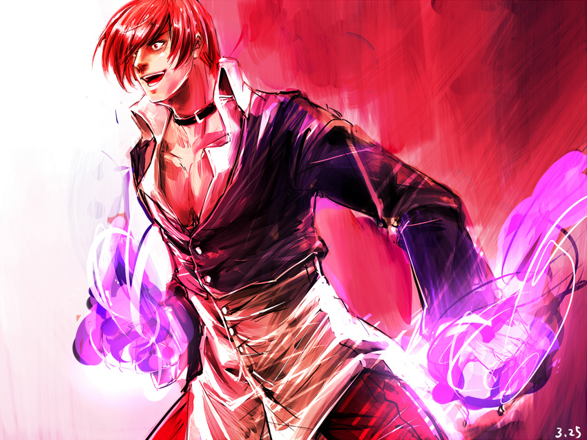 choker dated fire kuroda_(kuro_yyy) male_focus open_mouth purple_fire solo the_king_of_fighters yagami_iori