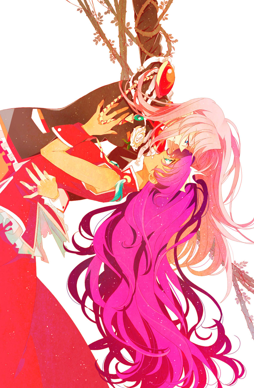 ateka blue_eyes dark_skin dress epaulettes flower frills green_eyes highres himemiya_anthy long_hair multiple_girls pink_hair purple_hair red_dress rose shoujo_kakumei_utena tenjou_utena white_background wrist_cuffs yuri