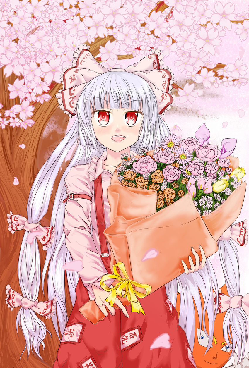 :d amatou3 blush bobobo-bo_bo-bobo bouquet bow cherry_blossoms crossover don_patch flower fujiwara_no_mokou hair_bow hair_ribbon highres long_hair ofuda open_mouth pants petals red_eyes ribbon silver_hair smile solo suspenders touhou tree very_long_hair