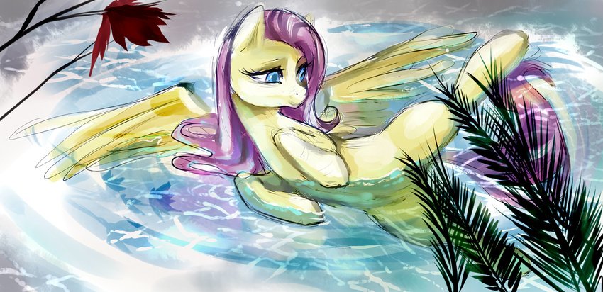 blue_eyes buttercup_saiyan creative_censorship cute equine female feral fluttershy_(mlp) friendship_is_magic fur hair hi_res horse long_hair looking_away lying mammal my_little_pony on_side pegasus pink_hair plant pony smile solo spread_legs spreading water wet wing_boner wings yellow_fur