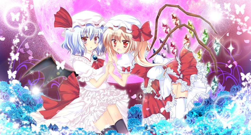 :o ascot bat_wings black_legwear blonde_hair blue_flower blue_hair blue_rose blush bow brooch bug butterfly fang flandre_scarlet flower full_moon hat hat_bow holding_hands insect jewelry moon multiple_girls open_mouth red_eyes remilia_scarlet rikatan rose short_hair siblings side_ponytail sisters skirt skirt_set thighhighs touhou white_legwear wings