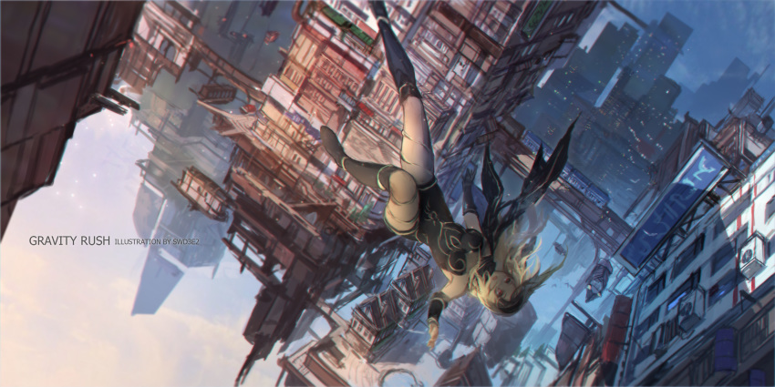 1girl aircraft airship architecture artist_name black_scarf blonde_hair cityscape copyright_name dark_skin flying from_above gravity_daze ground_vehicle hairband highres kitten_(gravity_daze) leg_warmers leotard long_hair open_mouth red_eyes scarf sign solo strapless swd3e2 train vambraces