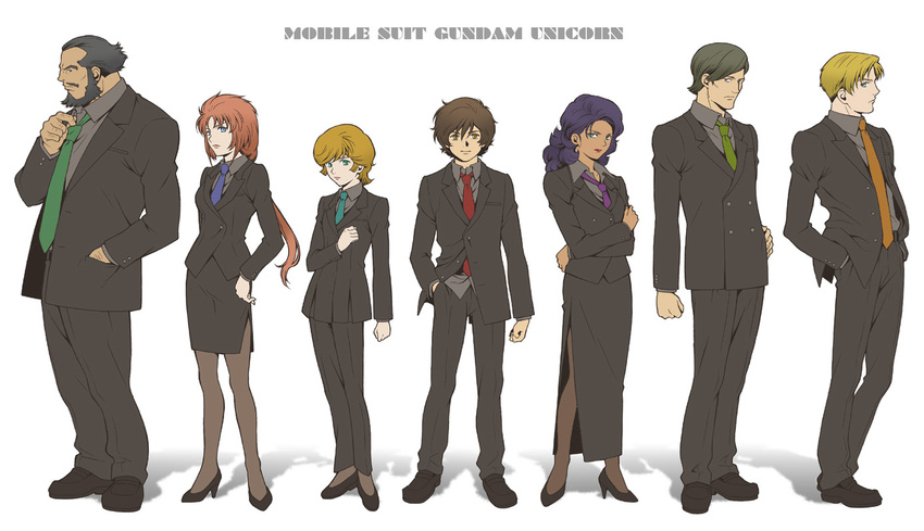 4boys audrey_burne bad_id bad_pixiv_id banagher_links beard black_hair blonde_hair blue_hair brown_hair dress facial_hair formal gundam gundam_unicorn jacket loni_garvey marida_cruz multiple_boys multiple_girls nigel_garrett orange_hair pant_suit pantyhose pencil_skirt ponytail purple_hair red_hair redpipin riddhe_marcenas skirt skirt_suit suberoa_zinnerman suit