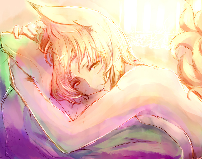 afterglow animal_ears bed blonde_hair breasts dearmybrothers fox_ears fox_tail looking_at_viewer lying medium_breasts nude pillow pov revision smile solo tail touhou upper_body yakumo_ran yellow_eyes