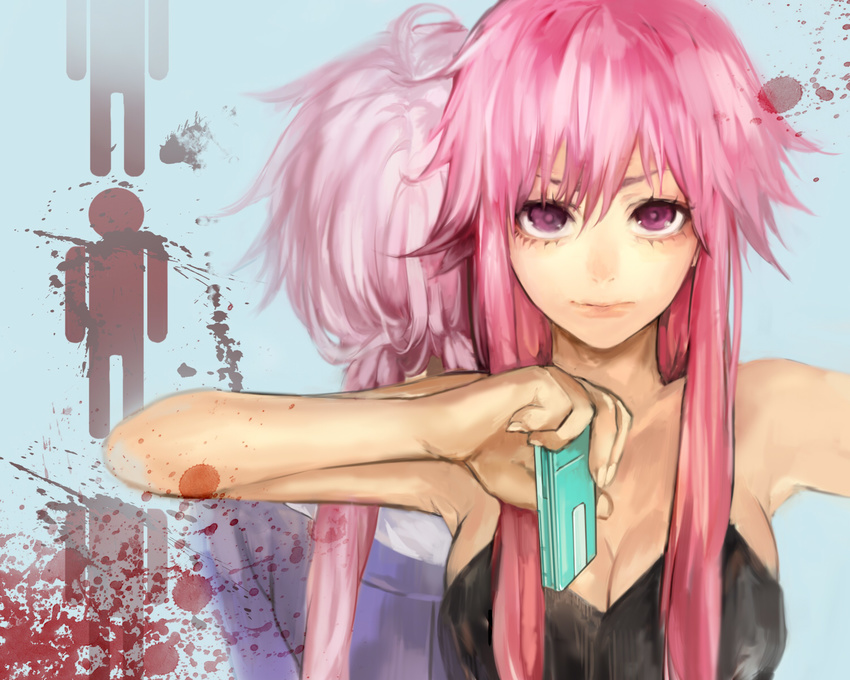 back-to-back bad_hands bad_id bad_pixiv_id bare_shoulders blood blood_splatter breasts cellphone dual_persona eyelashes gasai_yuno highres lips long_hair looking_at_viewer medium_breasts mirai_nikki phone pink_eyes pink_hair tcb upper_body