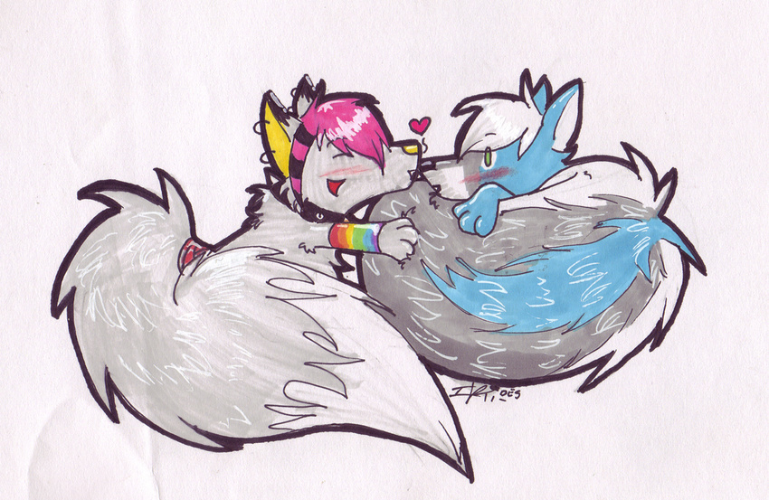 &hearts; &lt;3 big_tail blush canine chibi collar cuddling cute digitail dog duo feral hair kaiaki_moonwolf(i-ki) male mammal paws pink pink_hair rainbow tsukinoookami wolf