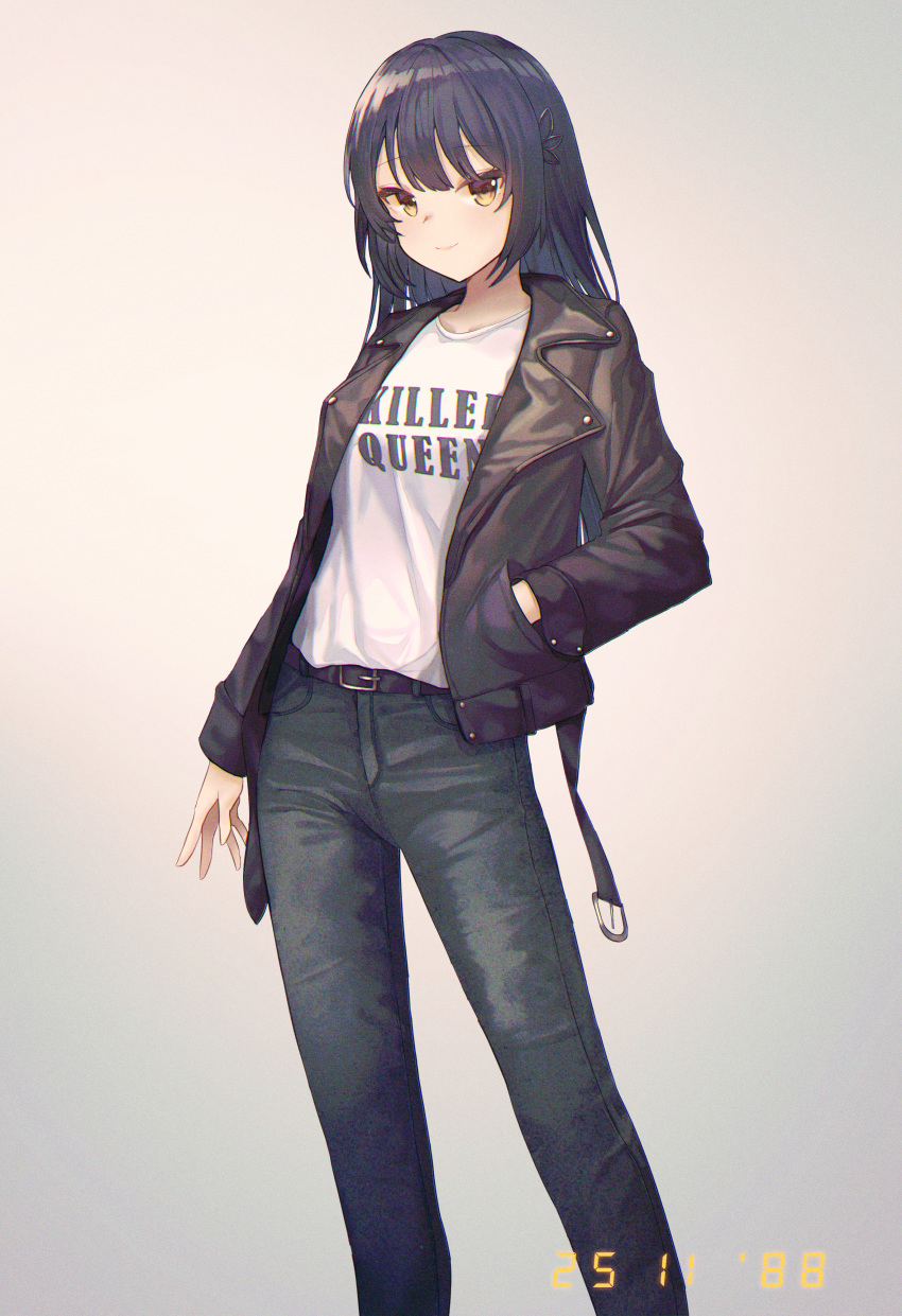 1girl absurdres arm_at_side bangs belt belt_buckle black_hair black_jacket black_pants bosumonki breasts buckle closed_mouth clothes_writing commentary english_commentary eyebrows_visible_through_hair feet_out_of_frame gradient gradient_background hair_ornament hand_in_pocket highres huge_filesize jacket legs_apart long_hair long_sleeves looking_at_viewer open_clothes open_jacket original pants shirt sidelocks sleeves_past_wrists small_breasts smile solo standing white_background white_shirt wing_collar yellow_eyes